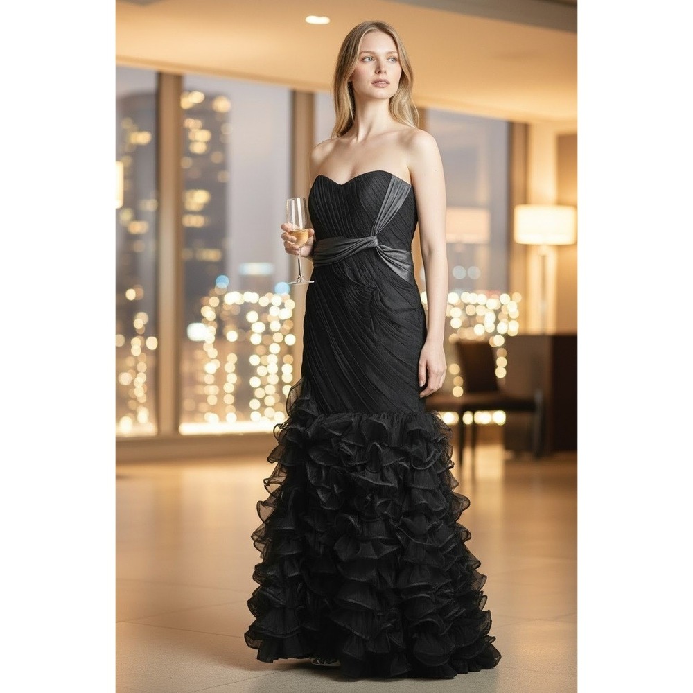 Guillermo New York Black Strapless Ruffled Tulle Evening Formal Dress Size 6 NWT